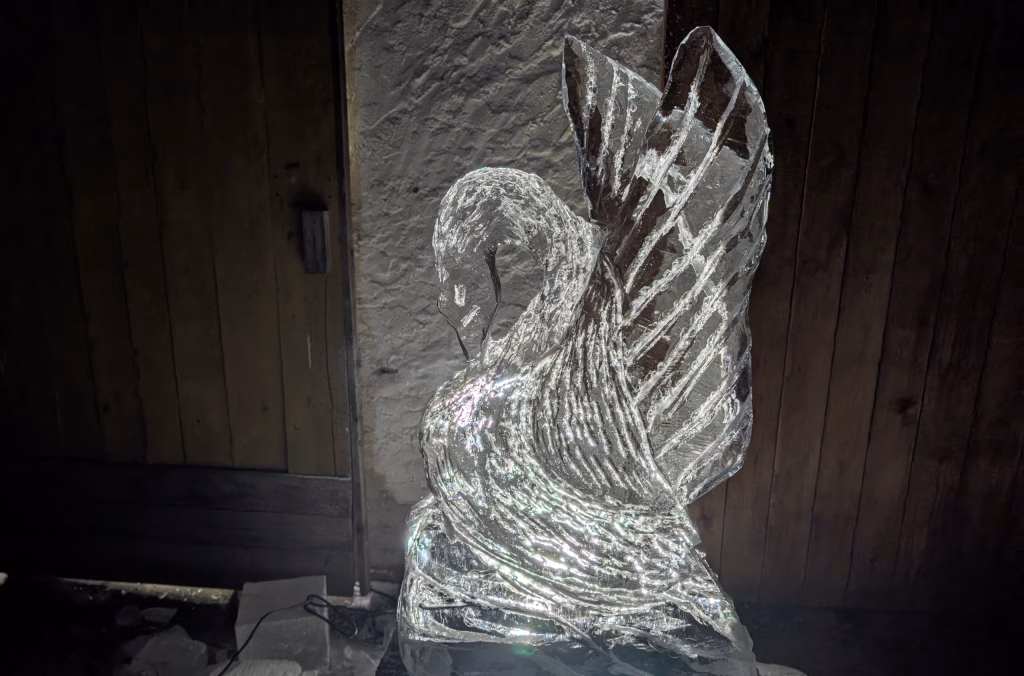 Eisskulptur „Schwan“ mit LED-Beleuchtung Leuchtender Schwan aus Eis mit integrierten LEDs vor Holztor – stimmungsvolle Eisskulptur für Veranstaltungen.